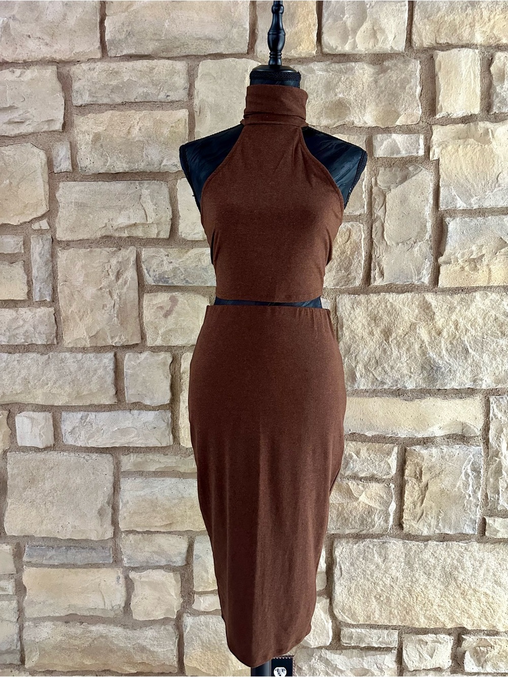 Sleeveless High-Neck Brown Midi Two piece— Elegant Turtleneck Silhouette